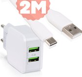 Dual USB thuislader 2 poorten oplader 2.1A + sterke USB-C Kabel - 2 Meter - Universeel