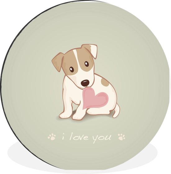 WallCircle - Wandcirkel - Muurcirkel - Een illustratie van een wit met bruine puppy met een hart - Aluminium - Dibond - ⌀ 90 cm - Binnen en Buiten