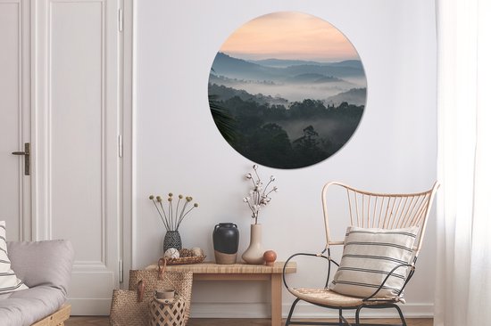 Cercle de papier peint - Forêt - Soleil - Brouillard - ⌀ 120 cm - Cercle mural - Autocollant - Sticker papier peint XXL