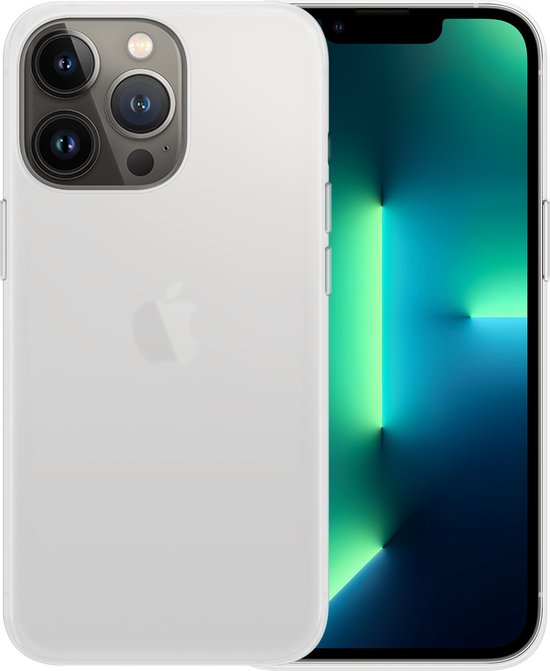 Mat transparante hoes op een witte iPhone 13 Pro Max met groen scherm.