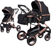 Bronea EXQUISE Luxe multi-functionele kinderwagen 3 in 1 | Zwart / Champagne | Incl. MATRAS, Buggy, Autostoel, Luiertas, Regenhoes, Voetenwarmer, Muggen net & Zonneklep