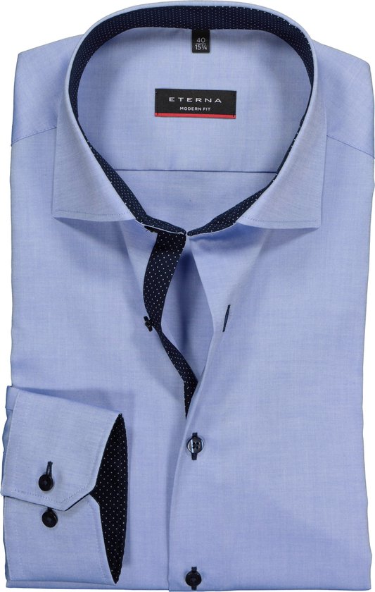 ETERNA modern fit overhemd - mouwlengte 7 - fijn Oxford heren overhemd - lichtblauw (blauw gestipt contrast) - Strijkvrij - Boordmaat: 46