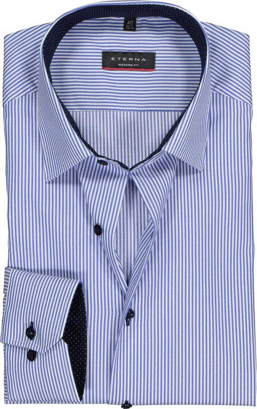 Eterna Modern Fit overhemd - midden blauw gestreept (contrast) - Strijkvrij - Boordmaat: