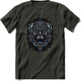 Leeuw - Dieren Mandala T-Shirt | Blauw | Grappig Verjaardag Zentangle Dierenkop Cadeau Shirt | Dames - Heren - Unisex | Wildlife Tshirt Kleding Kado | - Donker Grijs - XXL