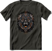 Leeuw - Dieren Mandala T-Shirt | Oranje | Grappig Verjaardag Zentangle Dierenkop Cadeau Shirt | Dames - Heren - Unisex | Wildlife Tshirt Kleding Kado | - Donker Grijs - 3XL