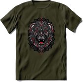 Leeuw - Dieren Mandala T-Shirt | Rood | Grappig Verjaardag Zentangle Dierenkop Cadeau Shirt | Dames - Heren - Unisex | Wildlife Tshirt Kleding Kado | - Leger Groen - M