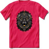 Leeuw - Dieren Mandala T-Shirt | Geel | Grappig Verjaardag Zentangle Dierenkop Cadeau Shirt | Dames - Heren - Unisex | Wildlife Tshirt Kleding Kado | - Roze - XXL