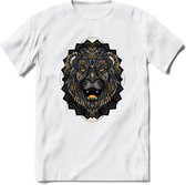 Leeuw - Dieren Mandala T-Shirt | Geel | Grappig Verjaardag Zentangle Dierenkop Cadeau Shirt | Dames - Heren - Unisex | Wildlife Tshirt Kleding Kado | - Wit - M