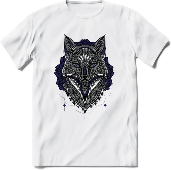 Vos - Dieren Mandala T-Shirt | Donkerblauw | Grappig Verjaardag Zentangle Dierenkop Cadeau Shirt | Dames - Heren - Unisex | Wildlife Tshirt Kleding Kado | - Wit - 3XL
