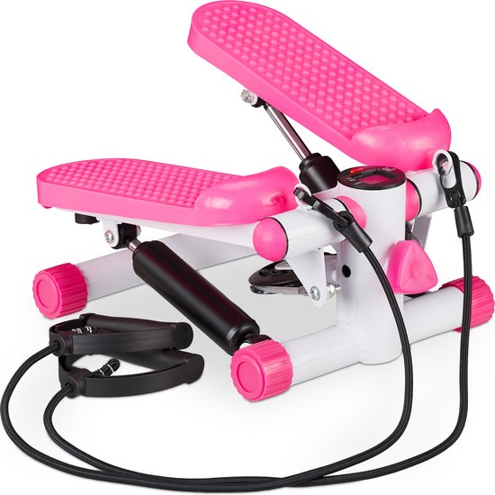 Relaxdays swing stepper - 2 weerstandsbanden - fitness stepper - display - diverse kleuren - roze