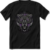 Wolf - Dieren Mandala T-Shirt | Paars | Grappig Verjaardag Zentangle Dierenkop Cadeau Shirt | Dames - Heren - Unisex | Wildlife Tshirt Kleding Kado | - Zwart - 3XL