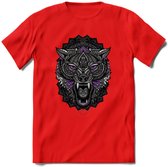 Wolf - Dieren Mandala T-Shirt | Paars | Grappig Verjaardag Zentangle Dierenkop Cadeau Shirt | Dames - Heren - Unisex | Wildlife Tshirt Kleding Kado | - Rood - L