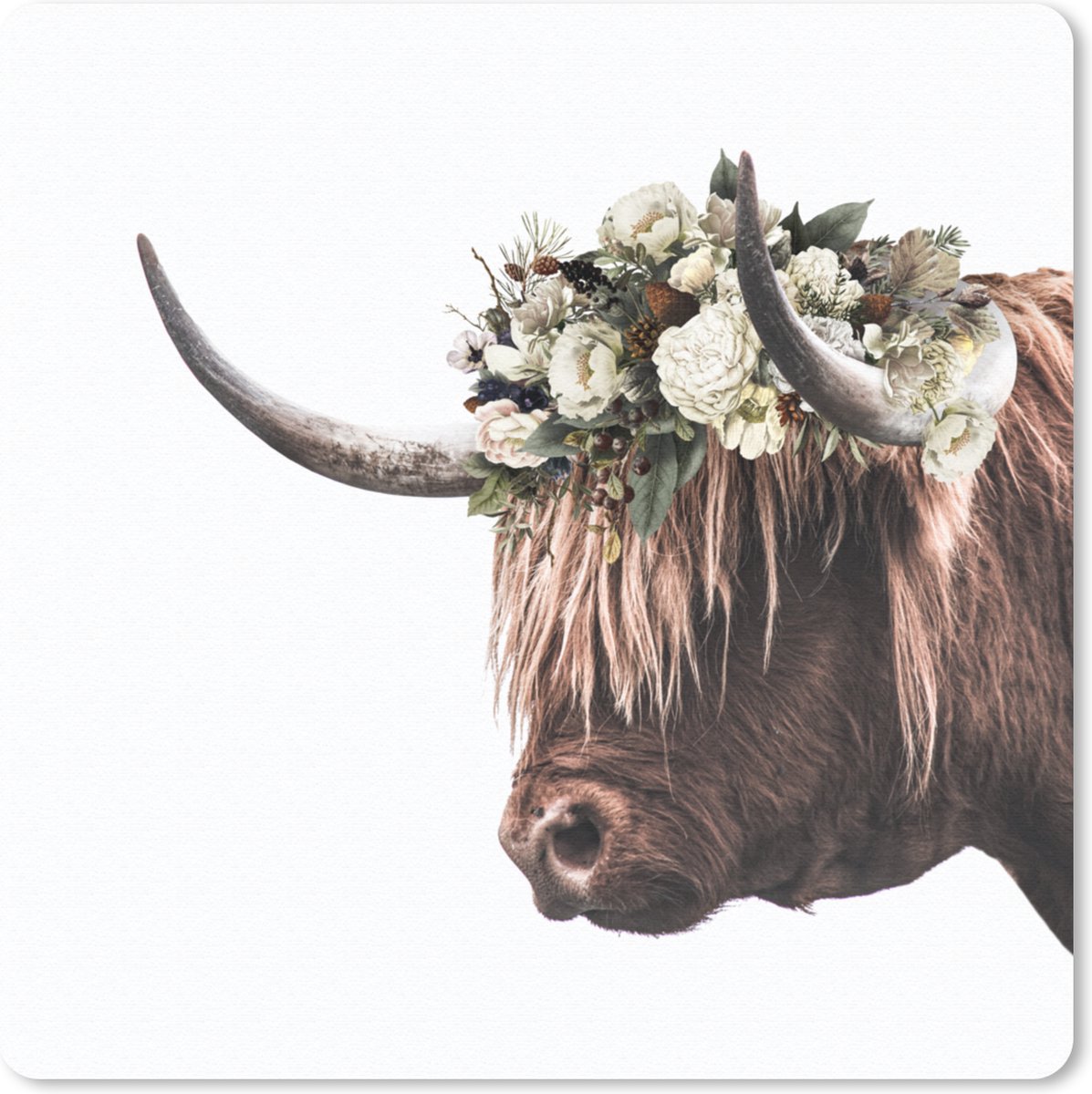 Muismat 20x20 cm - Mousepad Schotse Hooglander - Bladeren - Hoorns - Muismatten