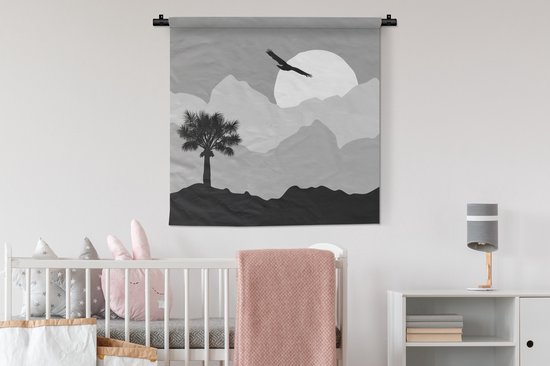 Wandkleed - Wanddoek - Zon - Palm - Vogel - Zwart - Wit - 90x90 cm - Wandtapijt