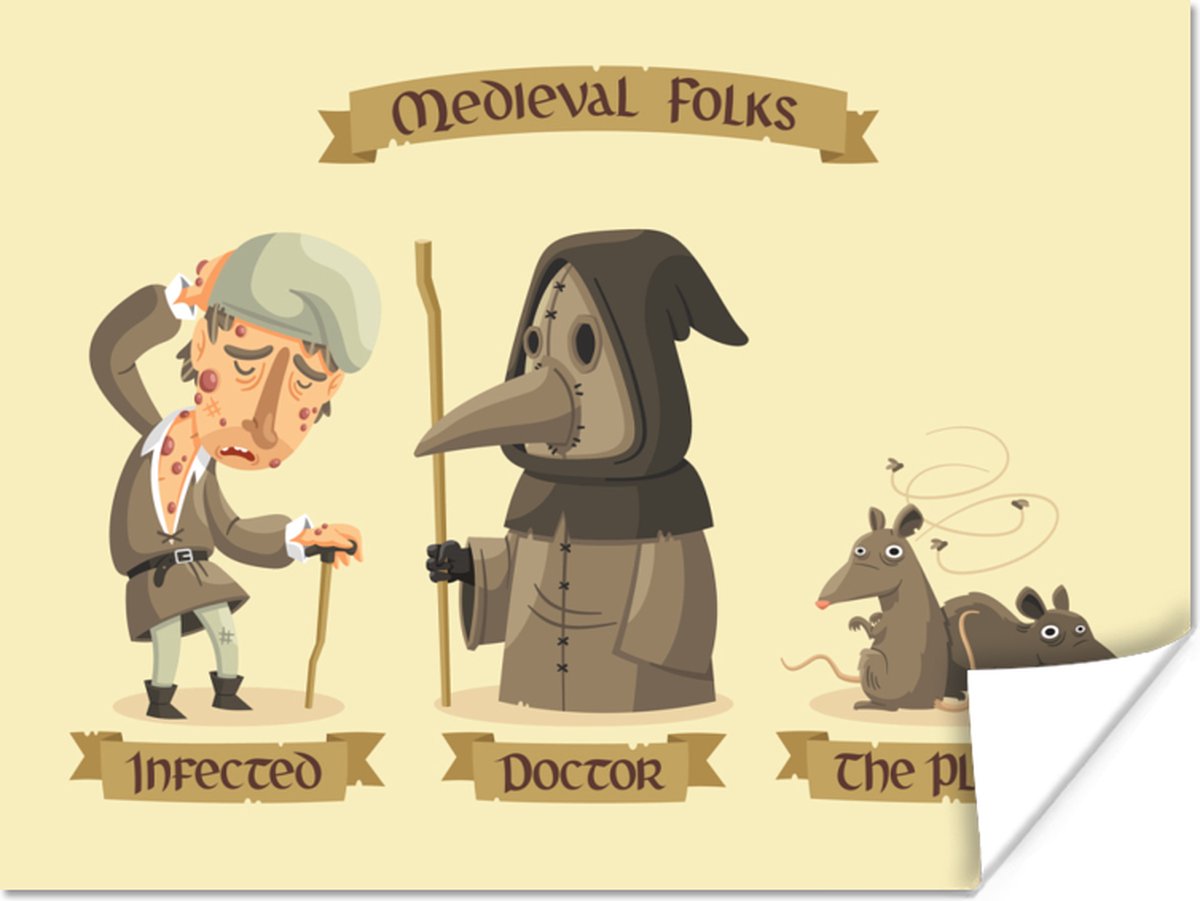 Poster tekening van drie personages uit de tijd van de pest in de