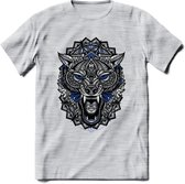 Wolf - Dieren Mandala T-Shirt | Donkerblauw | Grappig Verjaardag Zentangle Dierenkop Cadeau Shirt | Dames - Heren - Unisex | Wildlife Tshirt Kleding Kado | - Licht Grijs - Gemaleer