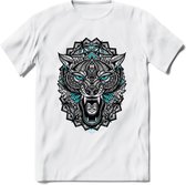 Wolf - Dieren Mandala T-Shirt | Lichtblauw | Grappig Verjaardag Zentangle Dierenkop Cadeau Shirt | Dames - Heren - Unisex | Wildlife Tshirt Kleding Kado | - Wit - S