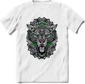 Wolf - Dieren Mandala T-Shirt | Groen | Grappig Verjaardag Zentangle Dierenkop Cadeau Shirt | Dames - Heren - Unisex | Wildlife Tshirt Kleding Kado | - Wit - XL