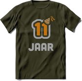 11 Jaar Feest T-Shirt | Goud - Zilver | Grappig Verjaardag Cadeau Shirt | Dames - Heren - Unisex | Tshirt Kleding Kado | - Leger Groen - XL