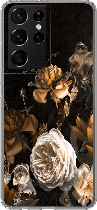 Geschikt voor Samsung Galaxy S21 Ultra hoesje - Roos - Goud - Boeket - Siliconen Telefoonhoesje