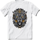 Wolf - Dieren Mandala T-Shirt | Geel | Grappig Verjaardag Zentangle Dierenkop Cadeau Shirt | Dames - Heren - Unisex | Wildlife Tshirt Kleding Kado | - Wit - S