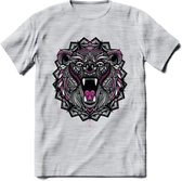 Beer - Dieren Mandala T-Shirt | Roze | Grappig Verjaardag Zentangle Dierenkop Cadeau Shirt | Dames - Heren - Unisex | Wildlife Tshirt Kleding Kado | - Licht Grijs - Gemaleerd - XXL