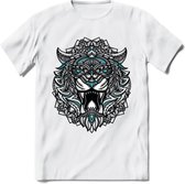 Tijger - Dieren Mandala T-Shirt | Lichtblauw | Grappig Verjaardag Zentangle Dierenkop Cadeau Shirt | Dames - Heren - Unisex | Wildlife Tshirt Kleding Kado | - Wit - 3XL