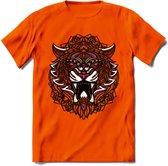 Tijger - Dieren Mandala T-Shirt | Roze | Grappig Verjaardag Zentangle Dierenkop Cadeau Shirt | Dames - Heren - Unisex | Wildlife Tshirt Kleding Kado | - Oranje - 3XL