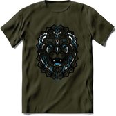 Leeuw - Dieren Mandala T-Shirt | Blauw | Grappig Verjaardag Zentangle Dierenkop Cadeau Shirt | Dames - Heren - Unisex | Wildlife Tshirt Kleding Kado | - Leger Groen - XL