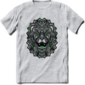 Leeuw - Dieren Mandala T-Shirt | Groen | Grappig Verjaardag Zentangle Dierenkop Cadeau Shirt | Dames - Heren - Unisex | Wildlife Tshirt Kleding Kado | - Licht Grijs - Gemaleerd - L