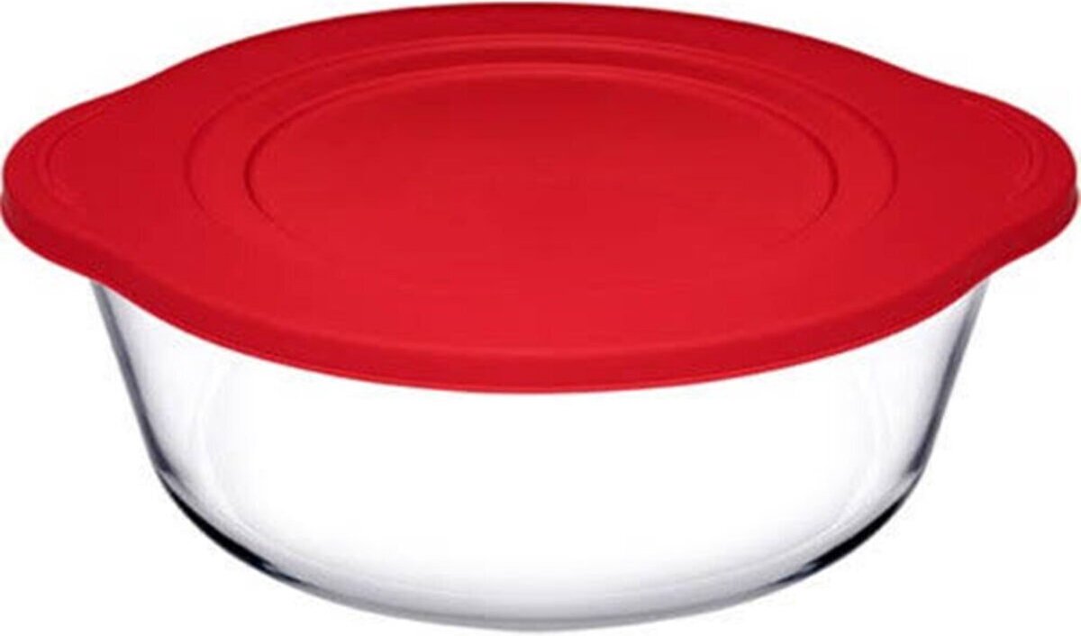 Pasabahce - ronde glazen ovenschaal - Borcam 59123 - hittebestendig - rood deksel - 1450 ml