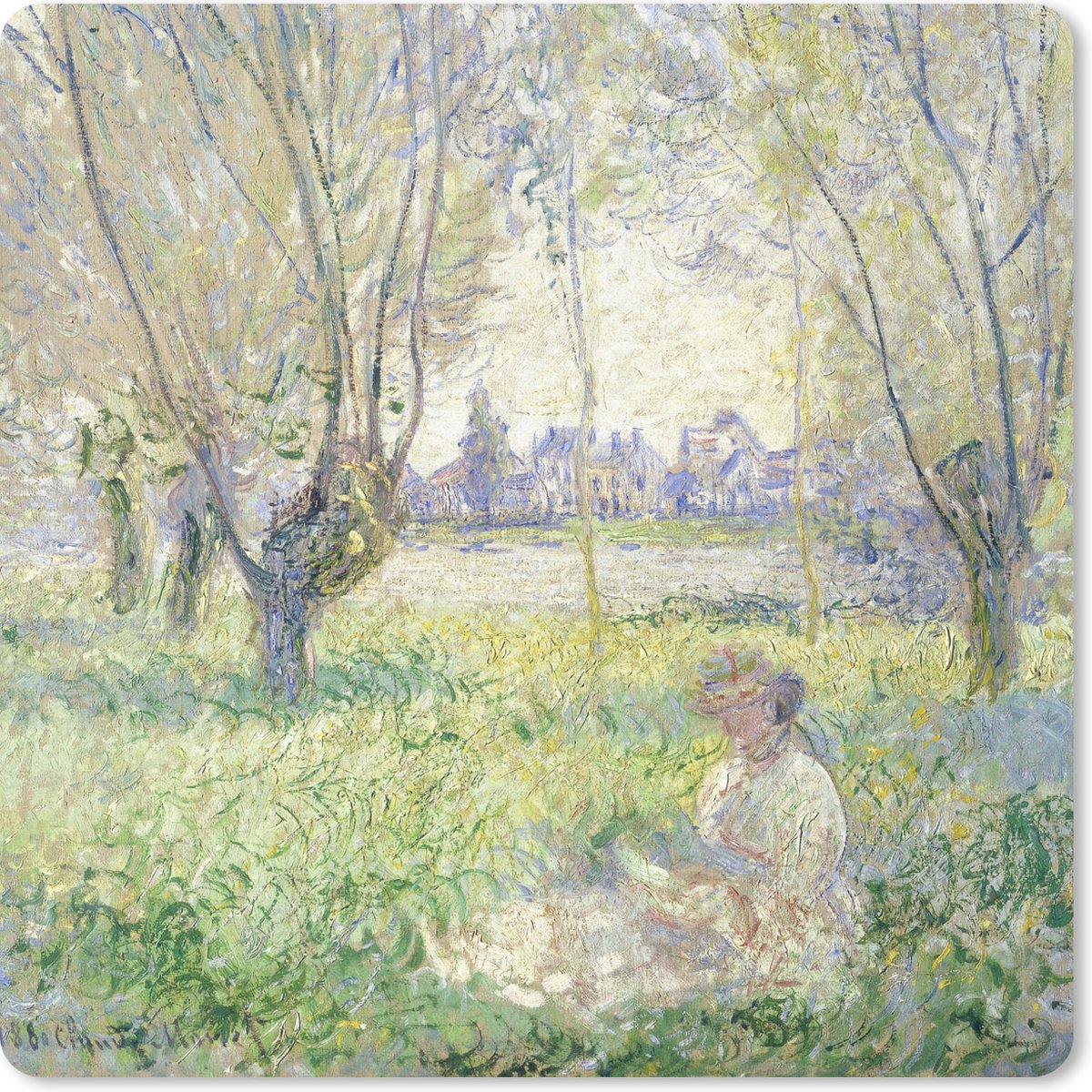 Muismat 30x30 cm - Mousepad Zittende vrouw onder de wilgen - Claude Monet - Muismatten
