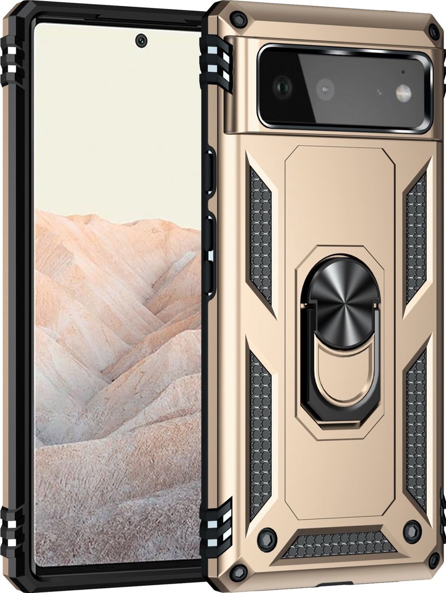 Mobigear Hoesje geschikt voor Google Pixel 6 Telefoonhoesje Hardcase | Mobigear Armor Ring Backcover Shockproof met Ringhouder | Schokbestendig Pixel 6 Telefoonhoesje | Anti Shock Proof - Goud