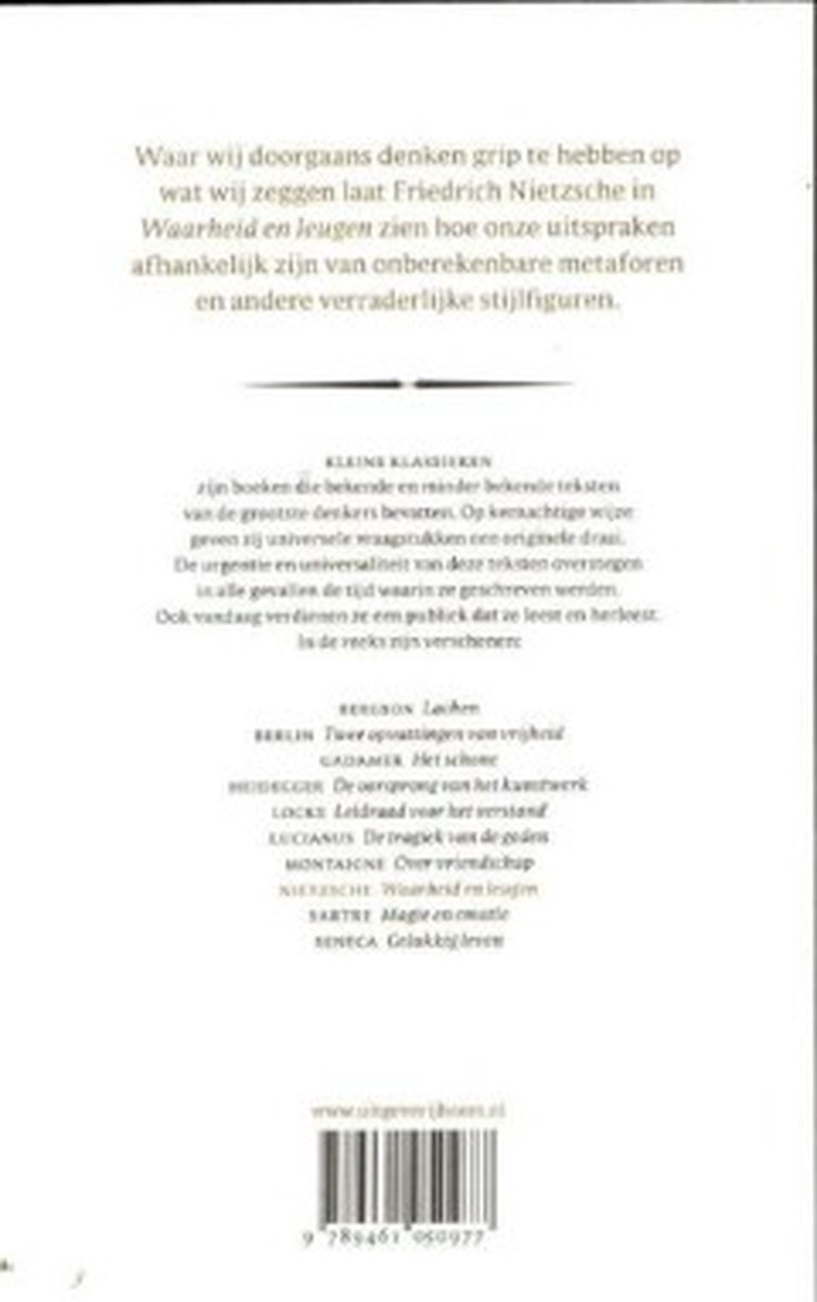 Achterkant boek 'Kleine Klassieken - Waarheid en leugen' met lijst van andere titels en ISBN-barcode.