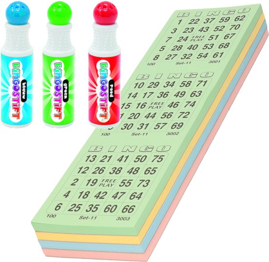Thumbnail van een extra afbeelding van het spel 100x Bingokaarten nummers 1-75 inclusief 3x bingostiften blauw/groen/rood
