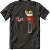 Casual koffie kikker T-Shirt Grappig | Dieren reptiel Kleding Kado Heren / Dames | Animal Skateboard Cadeau shirt - Donker Grijs - M