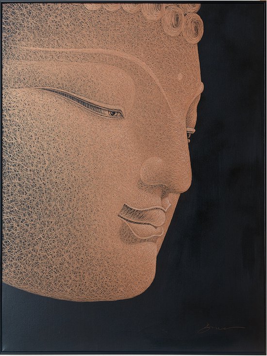 Fine Asianliving Olieverf Schilderij 100% Handgegraveerd 3D met Reliëf Effect en Zwarte Omlijsting 90x120cm Boeddha Oud Roze