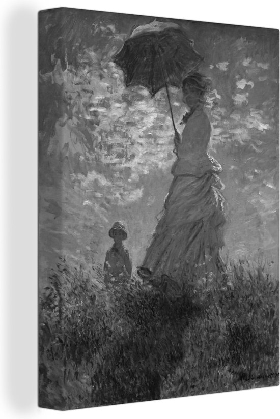 Peinture sur toile Femme à l'ombrelle - Peinture de Claude Monet en  noir/blanc. -... | bol.com