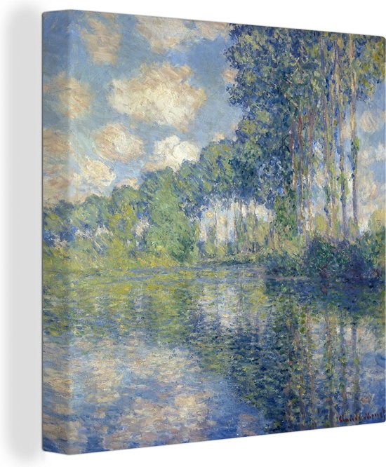 Peinture sur toile: Peuples au bord de l'Epte par Claude Monet, avec des arbres le long de l'eau et des reflets.
