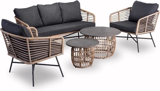 BUITEN living Flow stoel-bank loungeset 5-delig | wicker + betonlook | bamboe antraciet | 5 personen - BUITEN living