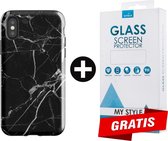 Backcover Marmerlook Hoesje iPhone XS Zwart - Gratis Screen Protector - Telefoonhoesje - Smartphonehoesje