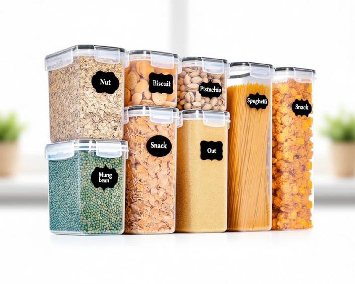 ElleMooi Set van 8 Luchtdichte Voorraaddozen met Deksel - Opbergpotten voor Pasta, Muesli, Rijst, Meel, Voer voor Huisdieren - 4 Formaten (2,8L, 2,0L, 1,4L, 0,8L) met Etiketten