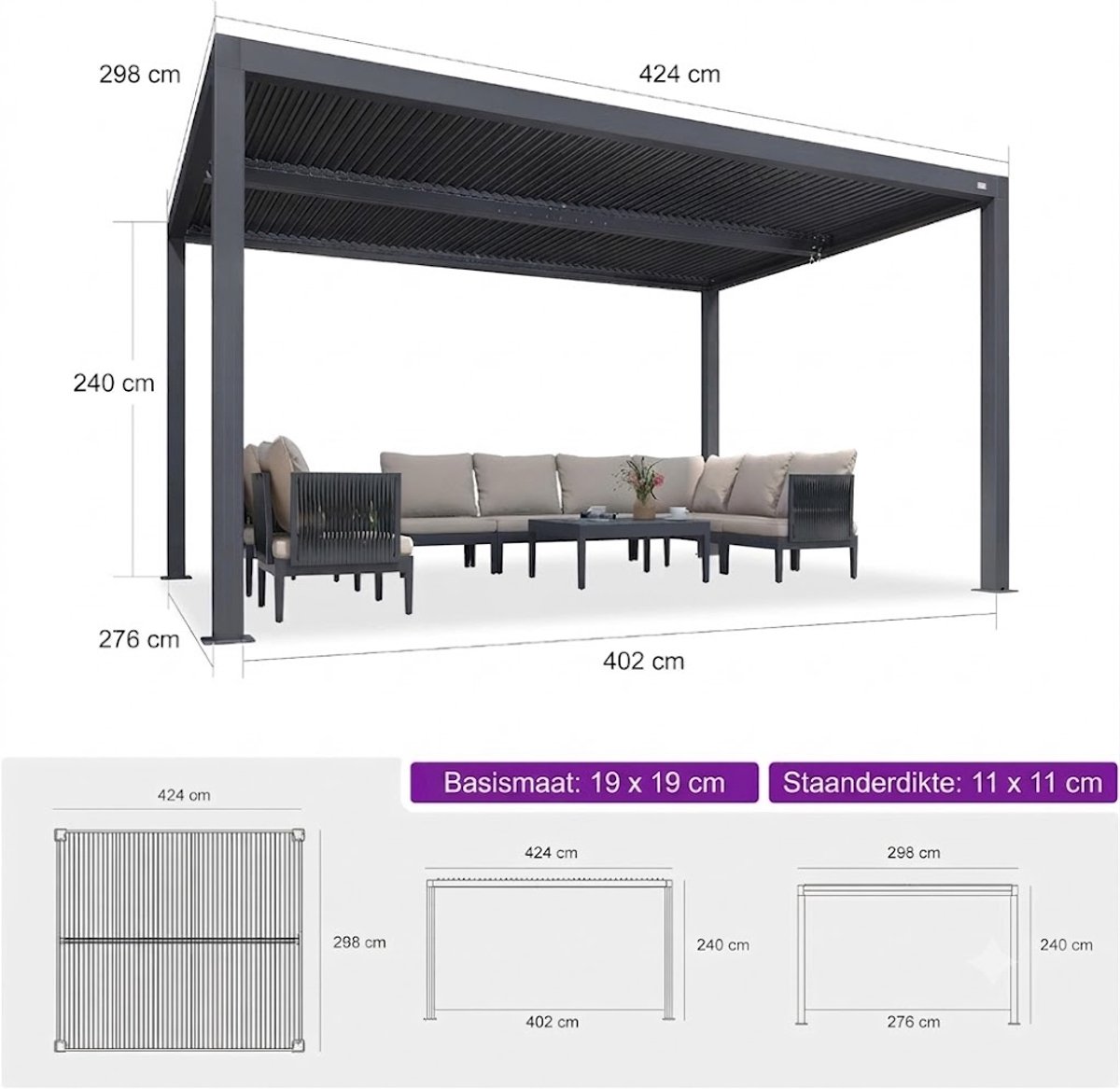 Purple Leaf Pergola avec toit à lames orientables et éclairage LED 4,25 x 3 m - gris