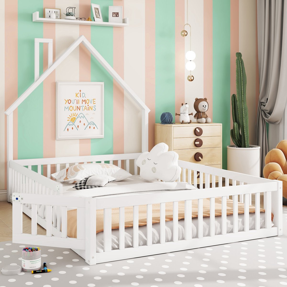 STILVORA Kinderbed 140x190 cm – Schoorsteen Vorm – Laag Bed Met Lattenbodem – Veiligheidshekje Rondom – Voor Kinderkamer – Grenenhout En MDF – Zonder matras – Wit