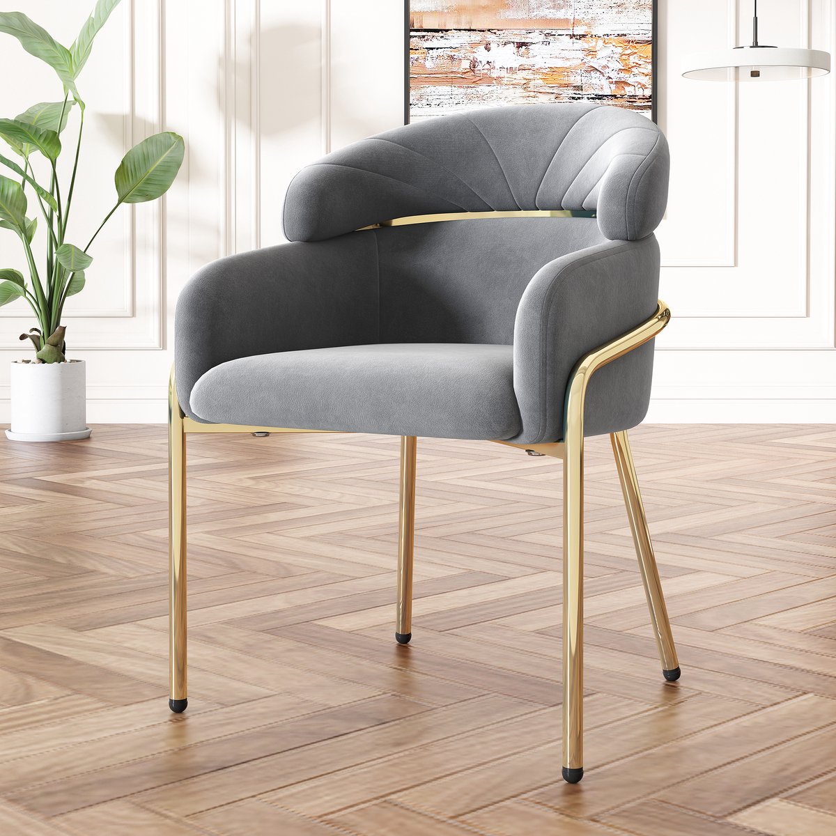 MODFU Eetkamerstoel - Ergonomisch En Veelzijdig - Modern - Voor Woonkamer Of Slaapkamer - Fluweel En Metaal - Grijs