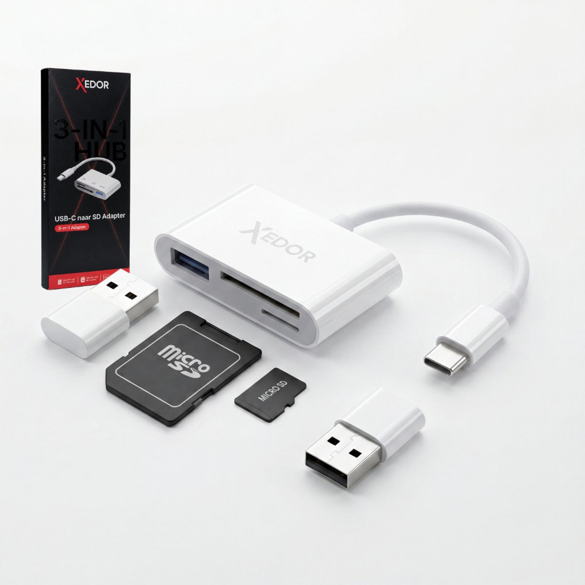 Xedor® Readex - SD Kaartlezer USB-C - 3-in-1 Kaartlezer - SD & Micro SD Kaartlezer - USB-A Poort - Inclusief USB-A Adapter - Geschikt voor Laptop, Tablet en Smartphone - Wit
