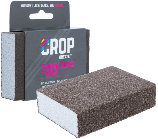 CROP CREATE schuurblok, 4-zijdig, met grijze schuurkant en witte schuimrubberen zijkant.