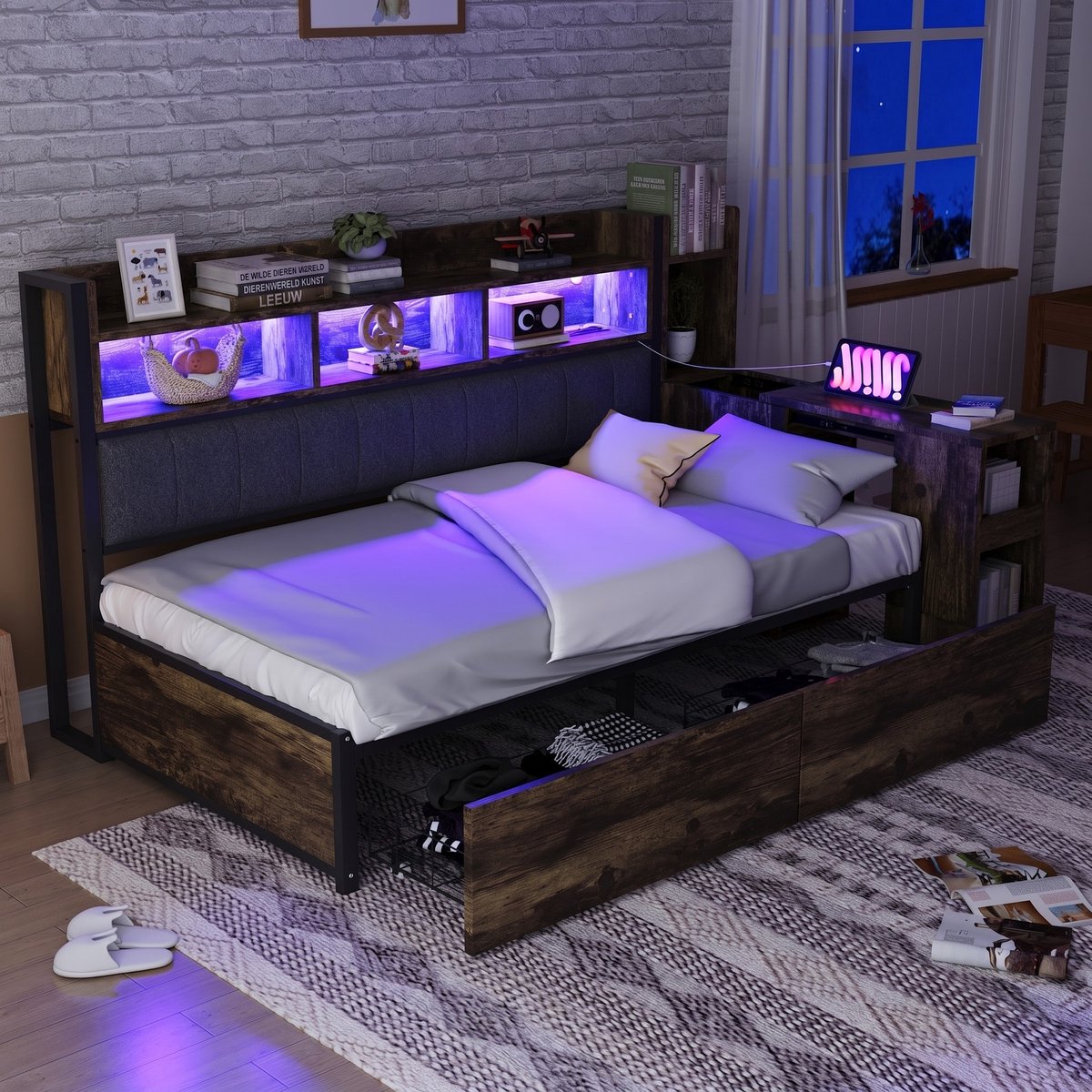 VVBV Slaapbank met opbergruimte / Slaapbank 1 persoons / Slaapbank 90x200 – met Lades, LED-Verlichting, Stopcontact – Metaal – Natuurlijk Hout Natural Wood