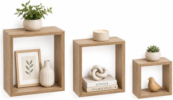 Houten wandkubus set - Muur kubus wandplank - Naturel eiken - 3