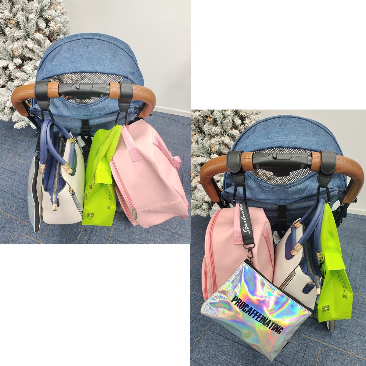 Dailygoods- Kinderwagenhaken Set van 2 - Antislip Haken - Tashouder voor Luiertas - Karabijnhaken - Sterk en Aanpasbaar - Tot 9 kg Draagvermogen